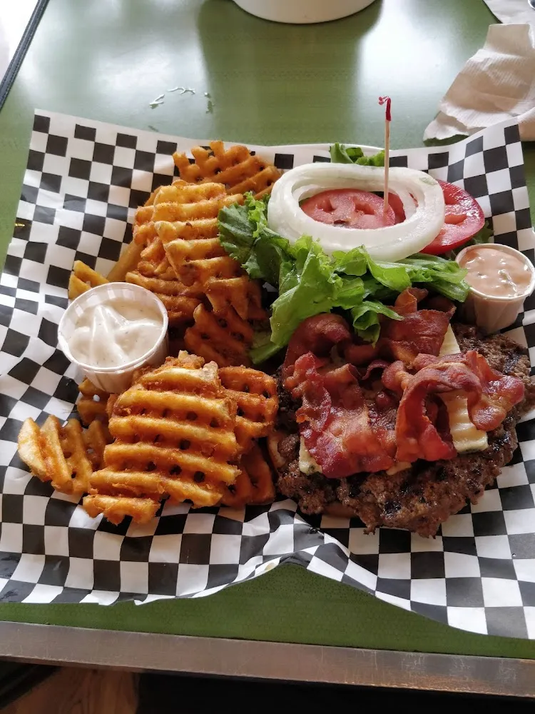 Burger with Blue Cheese and Waffle Fries